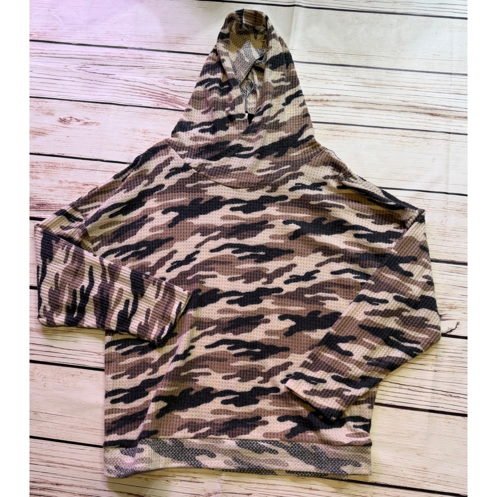 a.gain Womens Camo Waffle Knit Hoodie Brown Tan Thermal Pullover 3XL Made in USA